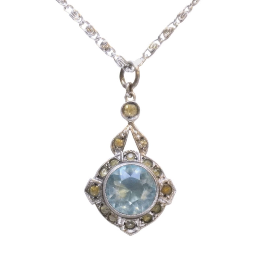 Art Deco Czech Sterling Silver And Glass Blue Topaz Necklace